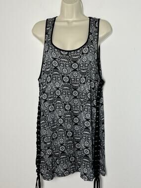 Midnight Hour Tunic Tank Top Women 2XL Black Skull Lace-up Sides Goth Grunge Emo
